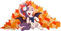 Size: 2861x1470 | Tagged: safe, artist:xwhitedreamsx, derpibooru import, oc, oc:sweet velvet, unofficial characters only, bat pony, pony, autumn, clothes, cute, earmuffs, leaves, scarf, simple background, smiling, solo, transparent background