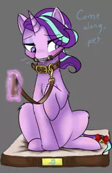 Size: 1360x2100 | Tagged: suggestive, artist:monanniverse, derpibooru import, starlight glimmer, trixie, pony, unicorn, bell, bit gag, blushing, cat bell, collar, dialogue, drool, female, femsub, gag, implied trixie, leash, lesbian, levitation, lidded eyes, looking down, magic, muffled moaning, offscreen character, pet play, raised hoof, shipping, simple background, sitting, solo, startrix, sublight glimmer, submissive, tail bow, telekinesis