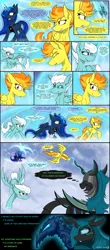 Size: 2460x5600 | Tagged: safe, artist:dangercloseart, derpibooru import, fleetfoot, princess luna, queen chrysalis, spitfire, alicorn, changeling, changeling queen, pegasus, pony, comic:wings of fire, comic, fangs, female, flying, fusion, mare, nightmare, nightmare chrysalis, nightmarified