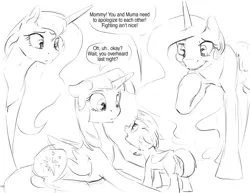 Size: 3300x2550 | Tagged: safe, artist:silfoe, derpibooru import, princess celestia, princess luna, twilight sparkle, twilight sparkle (alicorn), oc, oc:eventide glisten, alicorn, pony, other royal book, alicorn oc, black and white, dialogue, female, filly, floppy ears, grayscale, lesbian, looking at each other, looking down, magical lesbian spawn, mare, monochrome, next generation, offspring, open mouth, parent:princess luna, parent:twilight sparkle, parents:twiluna, raised hoof, shipping, simple background, sketch, smiling, speech bubble, twiluna, white background