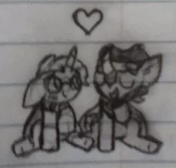 Size: 441x420 | Tagged: artist:thefanficfanpony, blushing, crack shipping, derpibooru import, eyes closed, heart, king sombra, lined paper, open mouth, safe, shipping, sitting, sketch, smiling, somburst, sunburst, traditional art
