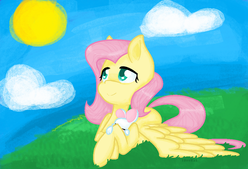 Size: 970x660 | Tagged: safe, artist:ideekai, derpibooru import, angel bunny, fluttershy, duo, looking away, looking up, lying down, smiling, spread wings