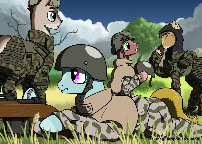 Size: 2450x1750 | Tagged: safe, artist:asktheguardponies, artist:guard-mod, derpibooru import, oc, unofficial characters only, deer, pony, accessory swap, body armor, clothes, gun, helmet, military, military uniform, rifle, scrunchy face, uniform, weapon