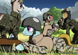 Size: 2450x1750 | Tagged: safe, artist:asktheguardponies, artist:guard-mod, derpibooru import, oc, unofficial characters only, deer, pony, accessory swap, body armor, clothes, gun, helmet, military, military uniform, rifle, scrunchy face, uniform, weapon