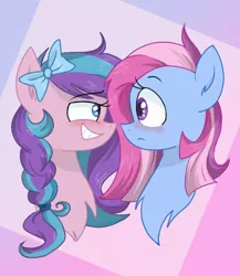 Size: 520x600 | Tagged: source needed, safe, artist:latte.dreams, derpibooru import, flitterheart, star swirl, pony, bedroom eyes, blushing, bow, female, flitterswirl, hair bow, lesbian, looking at each other, mare, shipping, smiling