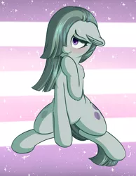 Size: 1280x1646 | Tagged: suggestive, artist:wickedsilly, derpibooru import, marble pie, earth pony, pony, blushing, covering, cute, female, lip bite, marblebetes, mare, nervous, open mouth, solo, sweat