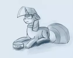 Size: 836x666 | Tagged: safe, artist:post-it, derpibooru import, twilight sparkle, pony, unicorn, bowl, collar, food bowl, looking up, monochrome, pet play, pony pet, prone, slave, solo, unicorn twilight