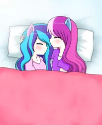 Size: 885x1080 | Tagged: artist:latte.dreams, bed, bedroom, derpibooru import, eared humanization, eyes closed, female, flitterheart, flitterswirl, hug, human, humanized, lesbian, pillow, safe, shipping, sleeping, snuggling, star swirl