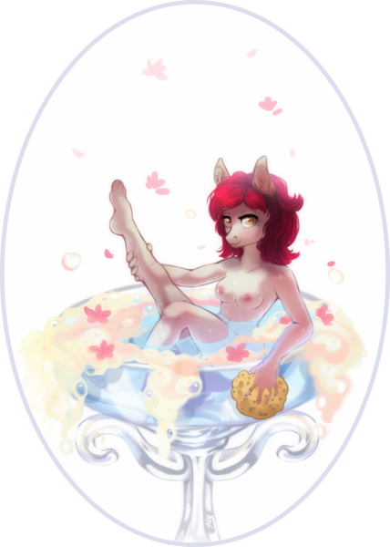 Size: 1888x2649 | Tagged: anthro, artist:spirit-alu, barefoot, breasts, commission, derpibooru import, feet, female, foam, glass, nipples, nudity, oc, oc:flaming passion, petals, plantigrade anthro, questionable, raised leg, simple background, smiling, solo, solo female, sponge, unofficial characters only, washing, water, ych result