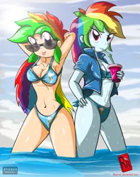 Size: 1685x2126 | Tagged: suggestive, artist:ryured, derpibooru import, rainbow dash, human, equestria girls, armpits, belly button, bikini, blue swimsuit, breasts, busty rainbow dash, cleavage, clothes, cutie mark swimsuit, duality, duo, duo female, female, human coloration, human paradox, humanized, looking at you, midriff, self paradox, soda, sunglasses, swimsuit, swimsuit edit, tongue out, wet