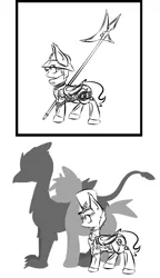 Size: 700x1218 | Tagged: safe, artist:cantershirecommons, derpibooru import, oc, oc:long shot, unofficial characters only, bat pony, pony, armor, grayscale, guard, halberd, monochrome, size comparison, weapon