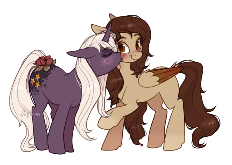 Size: 2718x1938 | Tagged: safe, artist:fayven, derpibooru import, oc, oc:krystal feathers, oc:nami, unofficial characters only, pegasus, pony, unicorn, blank flank, blushing, commission, couple, eyes closed, female, floppy ears, flower, kiss on the cheek, kissing, kryami, lesbian, mare, raised hoof, rose, shipping, simple background, smiling, transparent background, wavy mouth