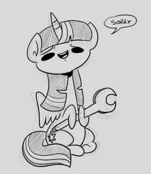 Size: 1280x1472 | Tagged: safe, artist:benja, derpibooru import, twilight sparkle, twilight sparkle (alicorn), alicorn, pony, beady eyes, dialogue, grayscale, looking at you, monochrome, open mouth, sitting, sketch, solo, sorry, speech bubble, spread wings, wrench