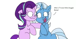 Size: 1600x817 | Tagged: safe, artist:thegreatanpowerful, derpibooru import, starlight glimmer, trixie, pony, unicorn, :3, cheek squish, cute, dialogue, diatrixes, eye contact, female, floppy ears, glimmerbetes, lesbian, looking at each other, mare, missing cutie mark, nuzzling, open mouth, raised hoof, shipping, simple background, sitting, smiling, squishy cheeks, startrix, text, white background, wide eyes