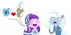 Size: 1605x782 | Tagged: safe, artist:alberbrony, derpibooru import, discord, starlight glimmer, trixie, equestria girls, blushing, bust, equestria girls-ified, eyes closed, faic, floppy ears, heart, lip bite, looking at you, looking up, male, open mouth, shipper on deck, shipping, simple background, smiling, smirk, starlight shipper, straight, trixcord, twiface, white background