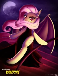 Size: 1275x1650 | Tagged: safe, artist:zelc-face, derpibooru import, fluttershy, bat pony, pony, bipedal, clothes, dress, flutterbat, full moon, moon, red eyes, solo, stairs