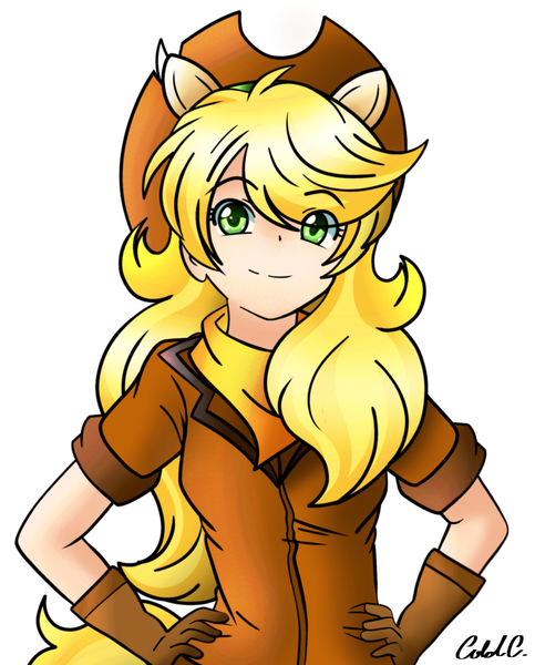 Size: 1739x2160 | Tagged: artist:ciderpunk, clothes, cowboy hat, derpibooru import, eared humanization, hand on hip, hat, human, humanized, humanized oc, looking at you, oc, oc:applesunrise, safe, scarf, simple background, smiling, solo, tailed humanization, unofficial characters only, white background