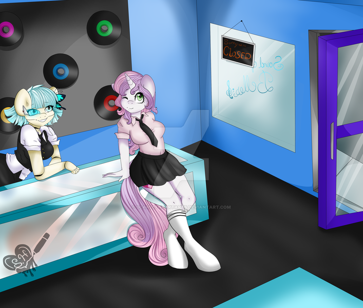 Size: 1024x869 | Tagged: safe, artist:scarletheartarts, derpibooru import, coco pommel, sweetie belle, oc, oc:cocobot, anthro, robot, unguligrade anthro, breasts, busty sweetie belle, canon x oc, clothes, cute, female, music, necktie, pleated skirt, shipping, skirt, socks, working