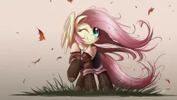 Size: 2000x1125 | Tagged: safe, artist:ncmares, derpibooru import, fluttershy, pegasus, pony, boots, clothes, cute, female, hoof boots, jacket, mare, one eye closed, pants, raised hoof, shyabetes, signature, smiling, solo, wind, windswept mane