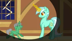 Size: 1024x586 | Tagged: safe, artist:hovesoffire48, derpibooru import, lyra heartstrings, oc, oc:emerald symphony, pony, unicorn, eyes closed, foal, glowing horn, lightning, magic, mother and son, open mouth, scared, window