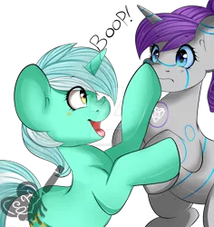 Size: 1024x1083 | Tagged: safe, artist:scarletheartarts, derpibooru import, lyra heartstrings, oc, oc:raribot, pony, robot, robot pony, blushing, boop, canon x oc, looking at each other, open mouth, shipping, silly, simple background, smiling, watermark, white background