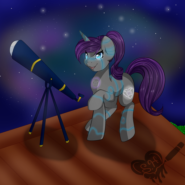 Size: 2000x2000 | Tagged: safe, artist:scarletheartarts, derpibooru import, oc, oc:raribot, unofficial characters only, pony, robot, robot pony, night, rooftop, solo, stargazing, telescope