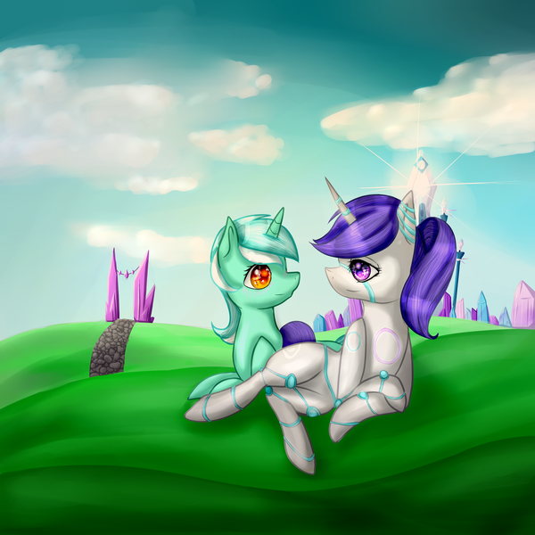 Size: 5000x5000 | Tagged: safe, artist:rainbow-marble, derpibooru import, lyra heartstrings, oc, oc:raribot, pony, robot, robot pony, absurd resolution, blushing, canon x oc, cloud, crystal empire, honeymoon, lidded eyes, marriage, married couple, shipping, sky, smiling, vacation