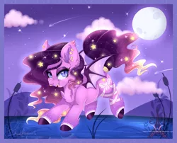 Size: 1600x1295 | Tagged: safe, artist:silent-shadow-wolf, derpibooru import, oc, oc:luminary lust, unofficial characters only, bat pony, pony, cloud, moon, night, reed, reeds, solo, water