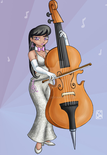 Size: 800x1161 | Tagged: artist:yunsildin, bow (instrument), bowtie, breasts, cello, cleavage, clothes, derpibooru import, dress, evening gloves, female, gloves, human, humanized, musical instrument, octavia melody, safe, solo, watermark