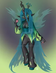 Size: 900x1165 | Tagged: artist:yunsildin, clothes, derpibooru import, horned humanization, human, humanized, pony coloring, queen chrysalis, safe, solo, watermark, winged humanization