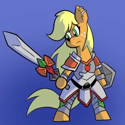 Size: 576x576 | Tagged: safe, artist:pembroke, derpibooru import, applejack, pony, armor, bipedal, ear piercing, earring, fantasy class, gradient background, hatless, jewelry, knight, missing accessory, paladin, piercing, shield, solo, sword, warrior, weapon