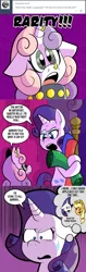 Size: 576x1812 | Tagged: safe, artist:pembroke, derpibooru import, applejack, rarity, sweetie belle, oc, oc:warden, earth pony, pony, unicorn, appajack, collar, comic, descriptive noise, dialogue, ear piercing, earring, female, floppy ears, horse noises, jewelry, lesbian, lidded eyes, mare, meanie belle, meme, open mouth, piercing, pitfall rarity, shipping denied, sweat, sweatdrop, thought bubble, warden, wide eyes