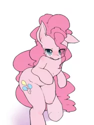 Size: 600x800 | Tagged: safe, artist:hidamariru, derpibooru import, pinkie pie, pony, bipedal, blushing, cute, diapinkes, eye clipping through hair, floppy ears, looking at you, pixiv, simple background, solo, white background