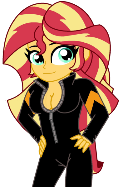 Size: 988x1504 | Tagged: suggestive, artist:cbear624, derpibooru import, sunset shimmer, equestria girls, breasts, catsuit, cleavage, clothes, female, hand on hip, simple background, smiling, solo, solo female, transparent background