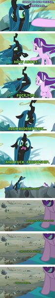 Size: 564x3018 | Tagged: safe, derpibooru import, edit, edited screencap, screencap, queen chrysalis, starlight glimmer, changeling, changeling queen, unicorn, to where and back again, comic, duo, duo female, female, former queen chrysalis, how about no, i need a drink, image macro, meme, screencap comic, text, vulgar