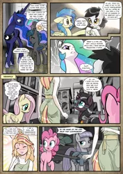 Size: 1363x1920 | Tagged: safe, artist:pencils, derpibooru import, fluttershy, maud pie, pinkie pie, princess celestia, princess luna, oc, oc:mascara maroon, oc:moonglow twinkle, oc:padlock, oc:silvia, oc:speck, alicorn, bat pony, earth pony, pegasus, pony, satyr, unicorn, comic:anon's pie adventure, blushing, cart, choker, clerical robes, clothes, comic, crown, dialogue, dock, dress, eyes closed, eyeshadow, female, floppy ears, glare, glasses, gritted teeth, horseshoes, house, jewelry, lightning, makeup, mare, monochrome, necklace, neo noir, partial color, plot, regalia, robes, smiling, speech bubble, tail wrap, thought bubble, threat, tongue out, wagon