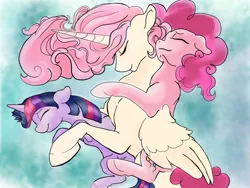 Size: 1636x1228 | Tagged: safe, artist:firimil, derpibooru import, pinkie pie, princess celestia, twilight sparkle, alicorn, earth pony, pony, unicorn, fanfic, fanfic:green, alternate hairstyle, celestia gets all the mares, cuddling, cute, eyes closed, fanfic art, fanfic in the description, female, floppy ears, hug, lesbian, mare, missing accessory, ot3, pink-mane celestia, pinkielestia, shipping, side, sleeping, smiling, spooning, twilestia, twinkie, twinklestia pie, unicorn twilight, winghug