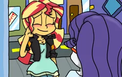 Size: 1328x840 | Tagged: safe, artist:shonatabeata, derpibooru import, rarity, sunset shimmer, equestria girls, blushing, breasts, building, cleavage, clothes, eyes closed, female, jacket, leather jacket, nervous, smiling, street