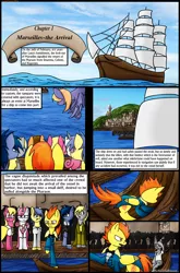 Size: 1280x1944 | Tagged: safe, artist:stuflox, derpibooru import, derpy hooves, lily, lily valley, lucky clover, spitfire, twinkleshine, oc, pegasus, pony, comic:the count of monte rainbow, the count of monte rainbow, comic, female, harbor, mare, pierre morel, ship, the count of monte cristo