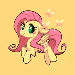 Size: 450x450 | Tagged: safe, artist:phyllismi, derpibooru import, fluttershy, butterfly, pegasus, pony, cute, female, floppy ears, mare, orange background, pixiv, shyabetes, simple background, solo