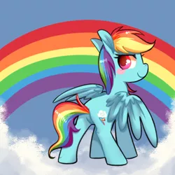 Size: 450x450 | Tagged: safe, artist:phyllismi, derpibooru import, rainbow dash, pegasus, pony, blush sticker, blushing, cloud, cute, dashabetes, female, mare, on a cloud, pixiv, rainbow, solo