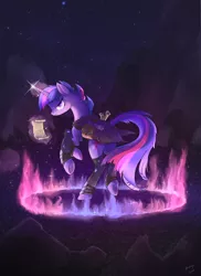 Size: 3142x4323 | Tagged: absurd resolution, alternate hairstyle, alternate timeline, artist:ratiasuq, badass, crystal war timeline, derpibooru import, night, night sky, safe, scroll, solo, stars, twilight sparkle