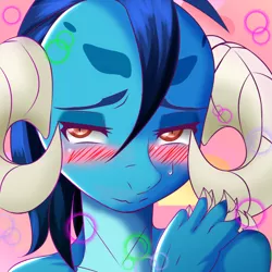 Size: 2652x2652 | Tagged: abstract background, anthro, artist:0ryomamikado0, baka, bedroom eyes, blushing, bust, claws, derpibooru import, dragon, dragoness, embarrassed, female, horns, looking at you, portrait, princess ember, safe, solo, sweat, sweatdrop, tsundember, tsundere