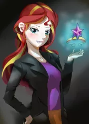 Size: 2268x3159 | Tagged: safe, artist:kulur, derpibooru import, sunset shimmer, equestria girls, clothes, element of magic, evil, human coloration, jacket, leather jacket, pixiv, skirt, solo