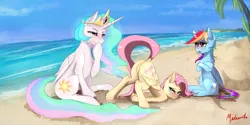 Size: 2000x1000 | Tagged: suggestive, artist:miokomata, derpibooru import, fluttershy, princess celestia, rainbow dash, alicorn, pegasus, pony, accidentally featured on eqd, beach, bedroom eyes, blushing, context is for the weak, crossed hooves, dock, face down ass up, featureless crotch, female, flutterbutt, frown, lidded eyes, mare, missing accessory, ocean, plot, raised eyebrow, raised tail, sand, signature, sitting, smiling, tail, trio, trollestia, unamused