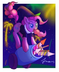 Size: 1350x1650 | Tagged: artist:atmosseven, clothes, dead source, derpibooru import, fireworks, guy fawkes day, hat, party cannon, pinkie pie, safe, shirt, solo, witch hat