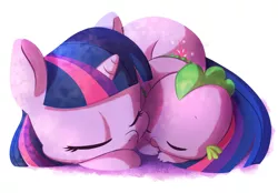 Size: 1000x696 | Tagged: safe, artist:kicsterash, derpibooru import, spike, twilight sparkle, baby spike, cuddling, cute, daaaaaaaaaaaw, eyes closed, filly, filly twilight sparkle, hnnng, mama twilight, simple background, sleeping, snuggling, spikabetes, spikelove, twiabetes, watermark, weapons-grade cute, white background, younger