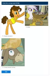 Size: 840x1276 | Tagged: safe, derpibooru import, cheese sandwich, cranky doodle donkey, gilda, pinkie pie, donkey, gryphon, fan favorite poll, ffps8, poll, season 8 election, vote