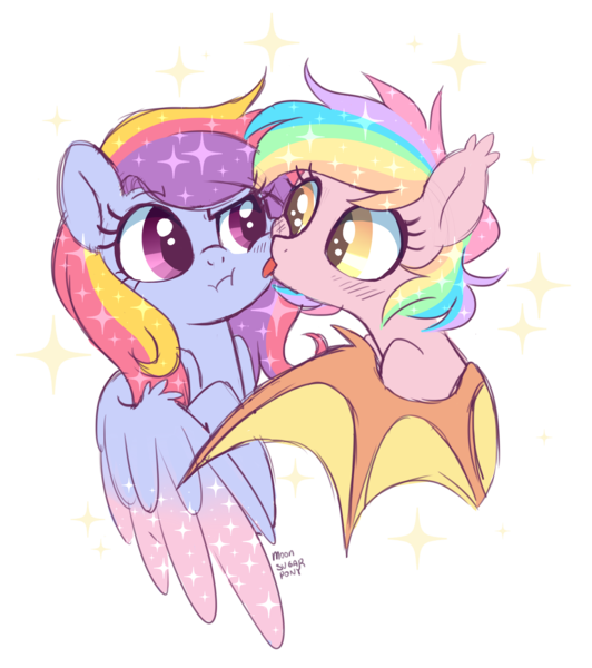 Size: 2388x2692 | Tagged: safe, artist:hawthornss, derpibooru import, oc, oc:glittering cloud, oc:paper stars, unofficial characters only, bat pony, pegasus, pony, bat pony oc, blushing, cute, female, glitterstars, lesbian, licking, licking face, mare, paperbetes, rainbow hair, shipping, simple background, sparkles, tongue out, transparent background, weapons-grade cute