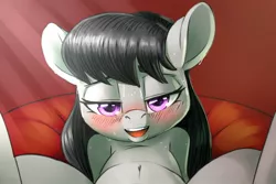 Size: 1280x854 | Tagged: suggestive, artist:pusspuss, derpibooru import, octavia melody, earth pony, pony, fanfic, accidentally featured on eqd, bedroom eyes, belly button, blushing, fanfic art, female, implied sex, lidded eyes, looking at you, lying down, mare, not porn, on back, open mouth, smiling, solo, solo female, spread legs, spreading, sweat